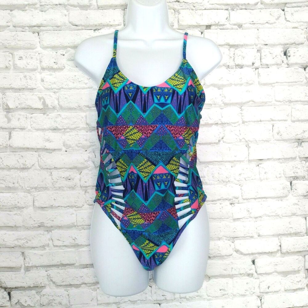 Stylish Swimwear Womens Large Blue Geometric Cut Out One Piece Swim Suit 90s